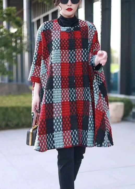 Relaxed Dresses Red Button Patchwork Woolen Coat O Neck Bracelet Sleeve
