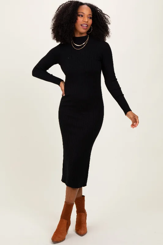 Fashion Must-have Black Mock Neck Ribbed Sweater Dress