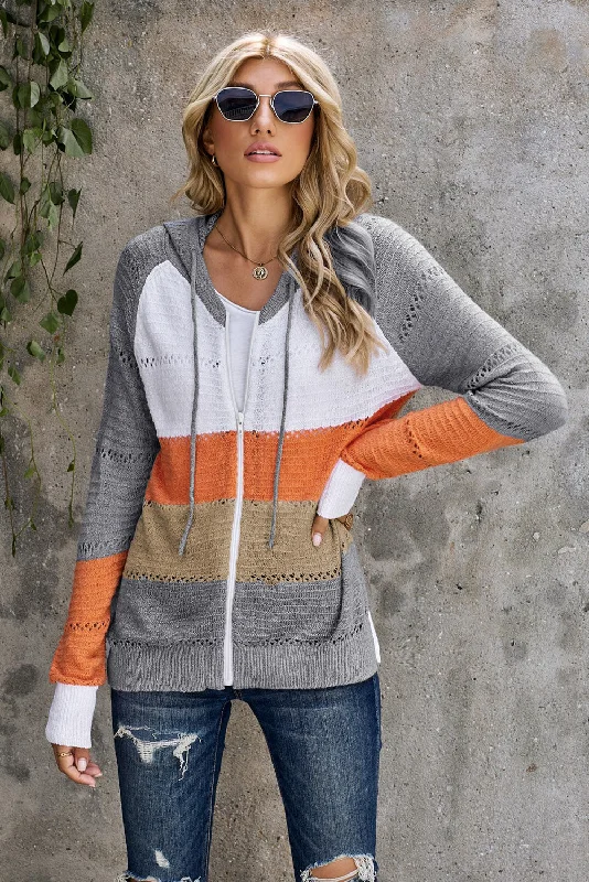 Easy Style Zip-Up Raglan Sleeve Openwork Hooded Cardigan