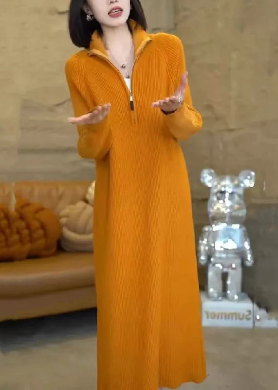 Comfortable Jackets Natural Orange Zip Up Long Knit Knitwear Dress Winter