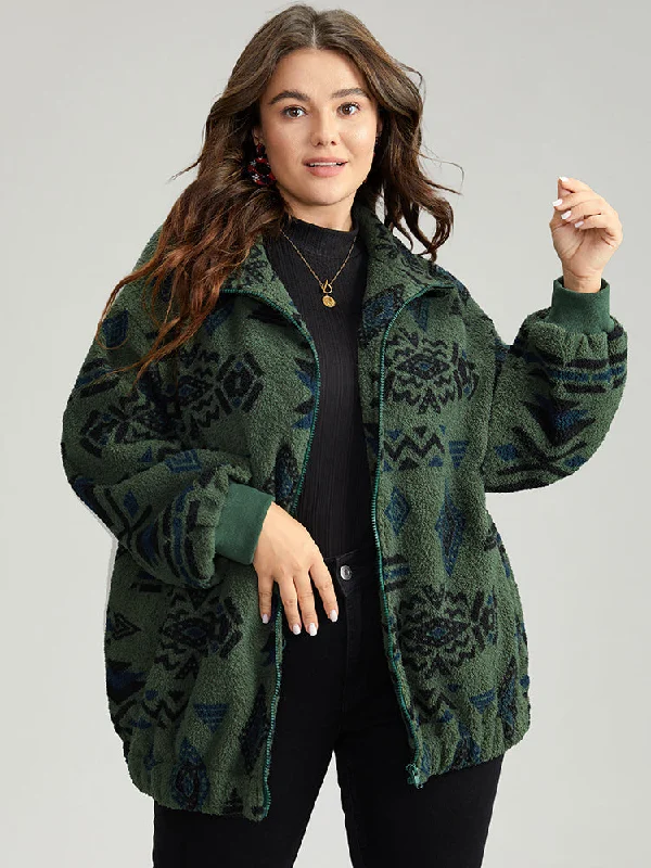 Cozy Outfit Geometric Pocket Gathered Zipper Jacket