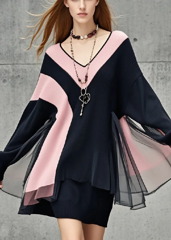 Relaxed Fit Women Black V Neck Patchwork Tulle Sweater Dress Fall