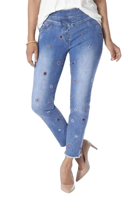 Warm Comfort Asra Tummy Control Embroidered Denim Capris In Medium Wash