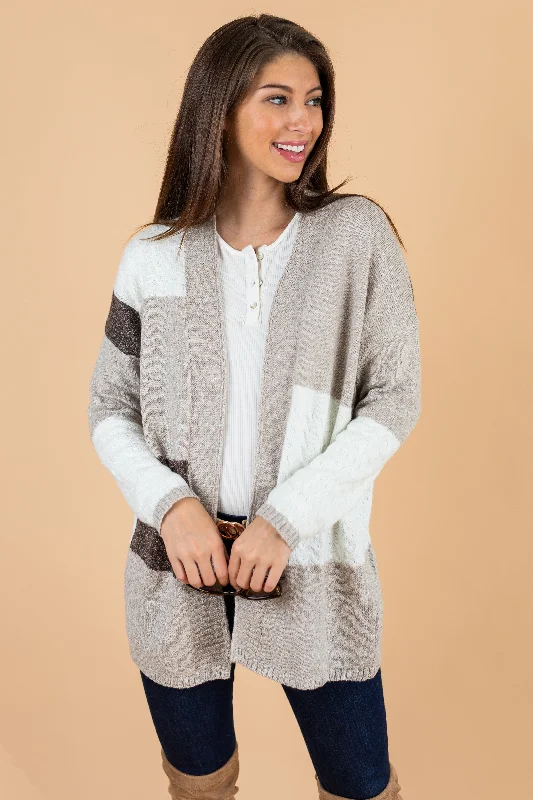 Relaxed Chic Stay A While Taupe Brown Colorblock Cardigan