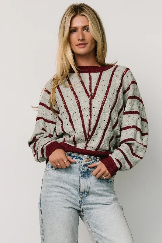 Stylish Comfort Paola Pointelle Sweater | Light Blue + Burgundy