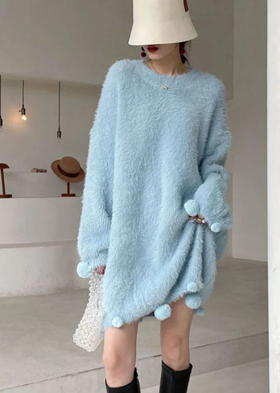 Trends Italian Blue O-Neck Mink Hair Knitted Dress Winter
