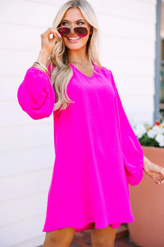 Chic Relaxation Loud And Clear Ultra Hot Pink Bubble Sleeve Dress