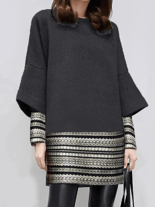 Basic Comfort Casual Patch Print Crew Neck Long Sleeve Work Dress
