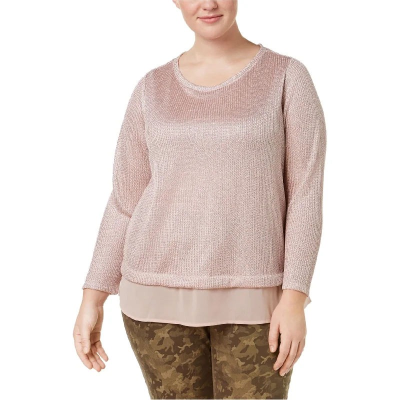 Relaxed Style I-N-C Womens Layered Look Metallic Knit Pullover Sweater, Pink, 3X