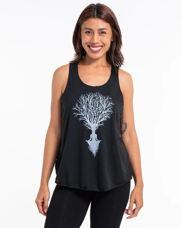 Warm Comfort Womens Meditation Tree Tank Top in Black