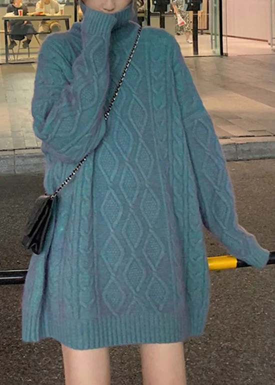 Casual Chic Wear Plus Size Blue Hign Neck Patchwork Cable Knit Sweater Dress Winter