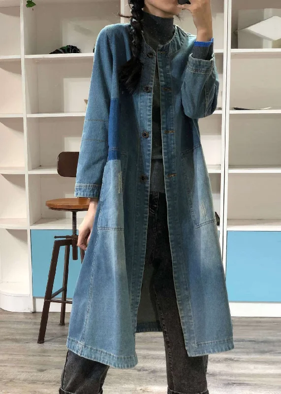 Soft Touch Loose Blue O-Neck Button Patchwork Denim Coat Outwear Fall