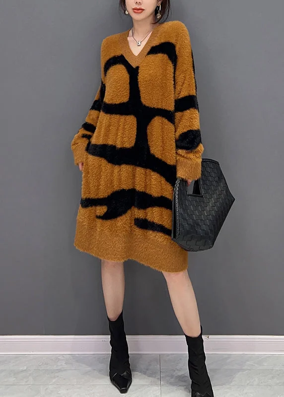 Simple Style Orange V Neck Patchwork Mink Velvet Maxi Dress Fall
