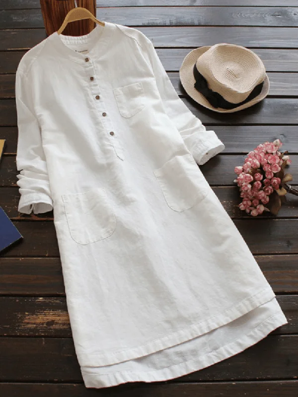 Cozy Shirts Women Vintage Long Sleeve Buttons Cotton Mini Shirt Dresses