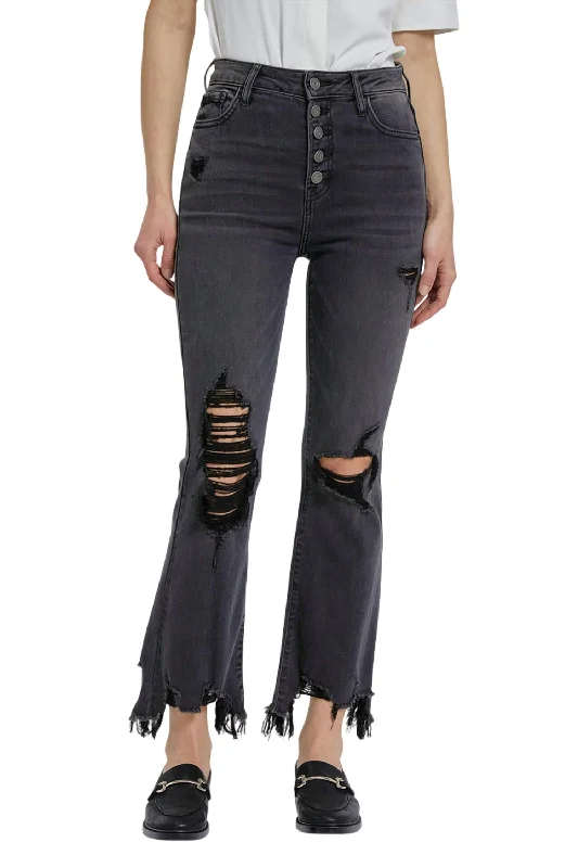 Elegant Comfort Happi Button Fray Flare Jeans In Black