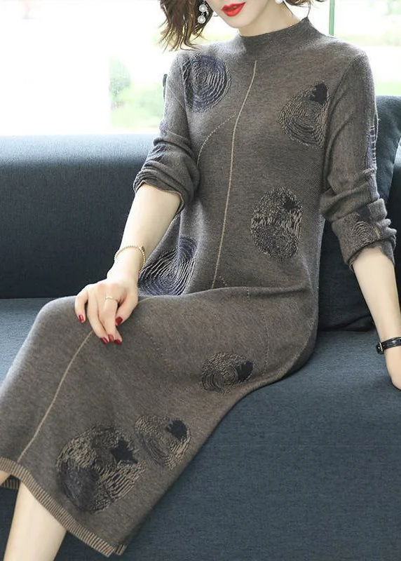 Layered Style Women Grey Turtleneck Patchwork Cotton Knit Dress Fall
