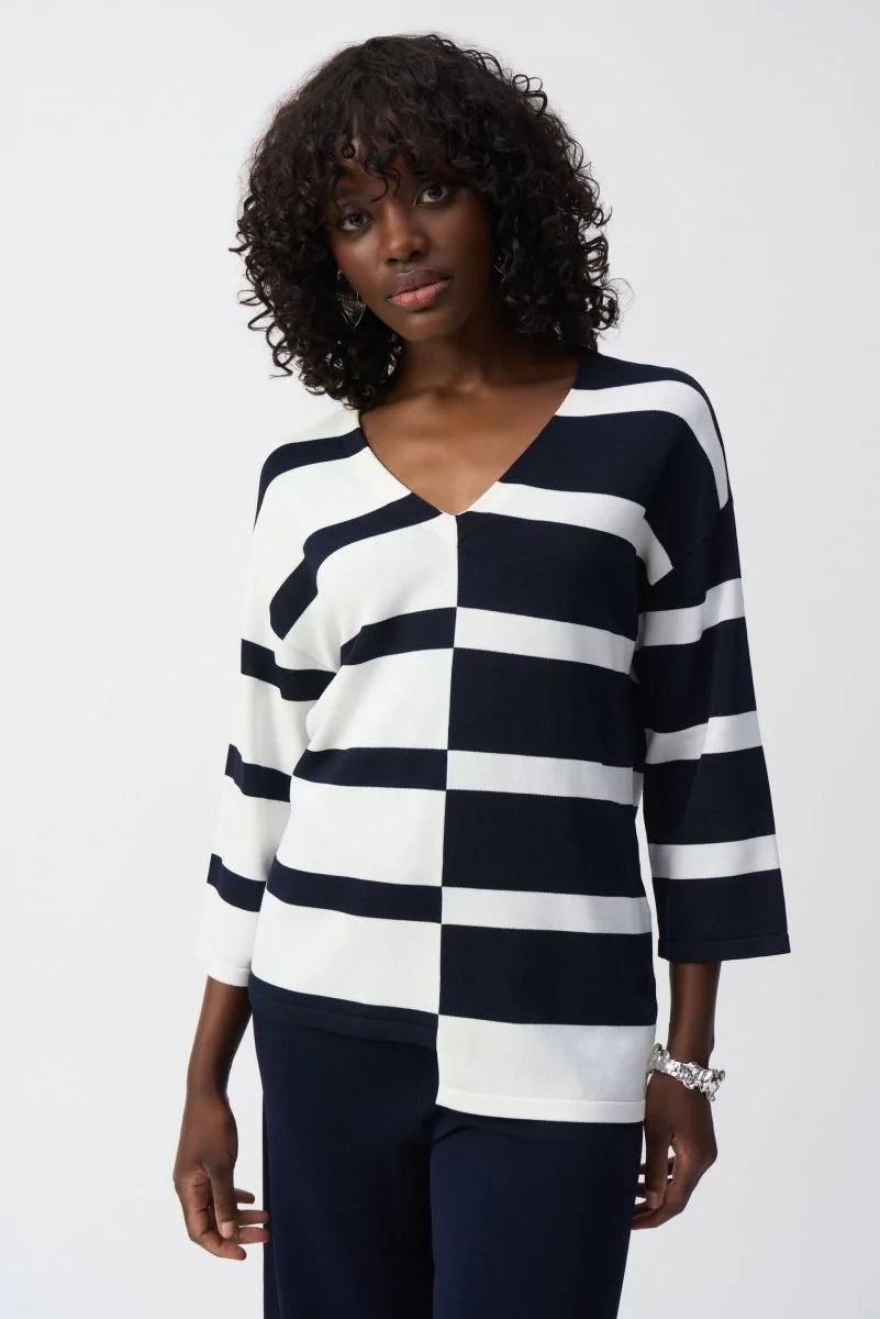 Exclusive Customization Joseph Ribkoff Striped V-Neck Pullover Style 251914 Midnight Blue/Vanilla