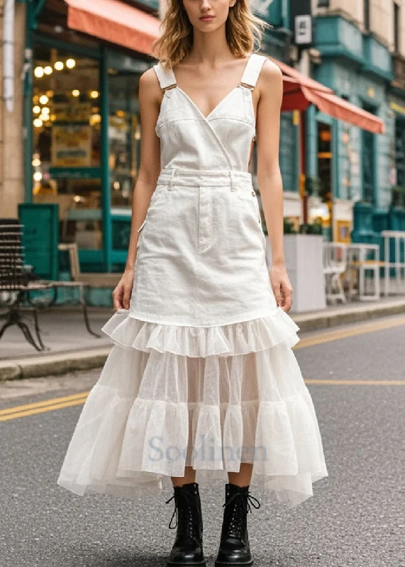 Chic Outfits Style White Ruffled Patchwork Tulle Denim Long Dresses Summer
