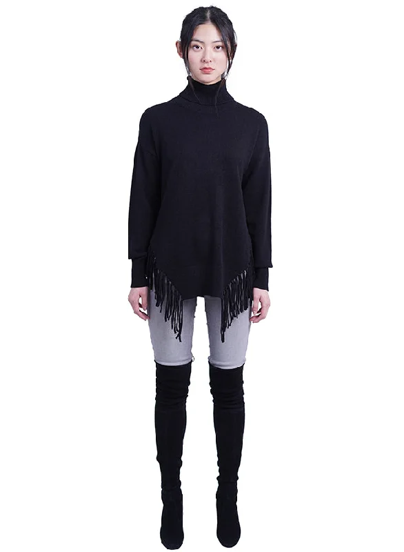 Comfortable Dresses Women's Mock Turtleneck Fringe Poncho Sweater