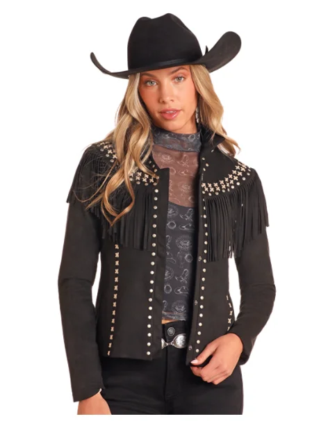 Stylish Comfort Women's Powder River Micro Suede Black Fringe Jacket