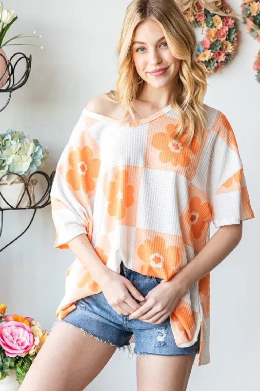 Soft Clothing Contrast Checkered Floral V-Neck T-Shirt
