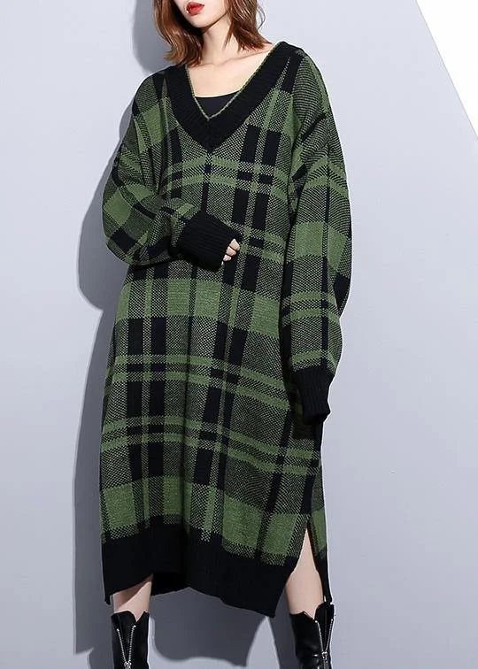 Comfort Fit Women green plaid Cotton Long Shirts side open daily v neck Dress