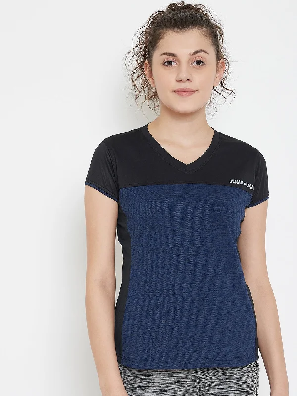 Breathable Style JUMP USA Women Black & Navy V-Neck Training T-shirt