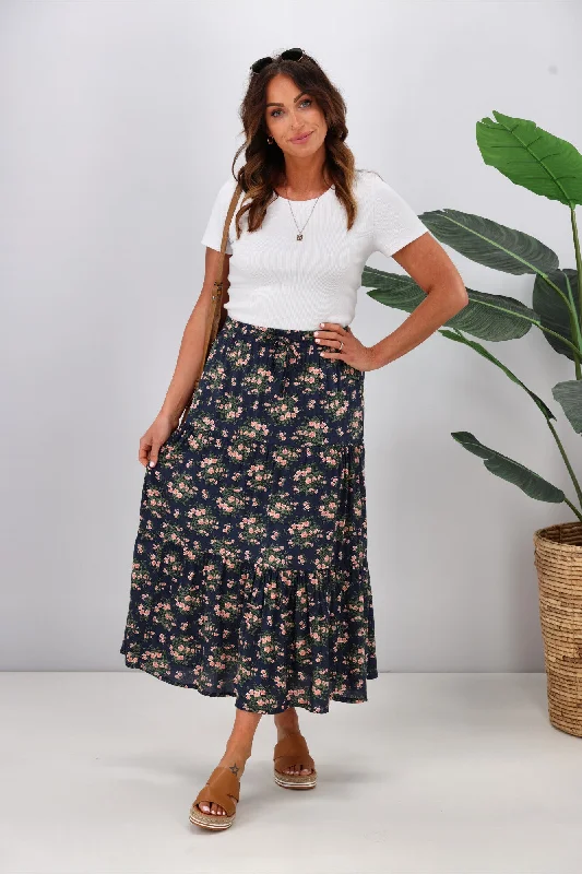 Urban Comfort Shine On Label Vega Tiered Maxi Skirt Midnight Ditsy