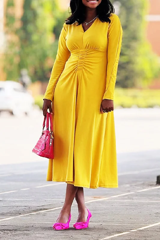 Comfortable Looks Elegant Ruched V-Neck Midi Dress