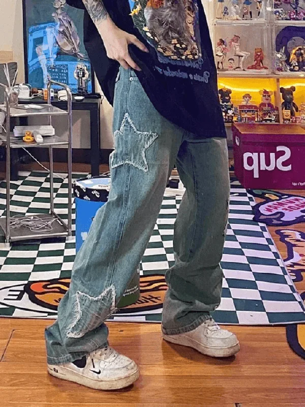 Comfortable Jackets Blue Wash Star Patched Boyfriend Jeans