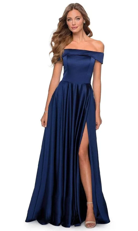 Free Design La Femme - 28978 Satin Off-Shoulder A-line Modest Prom Gown
