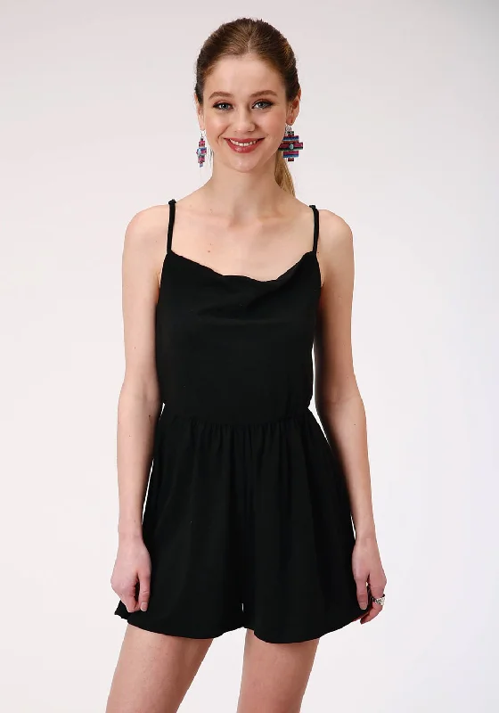 Luxe Comfort Roper Womens Black Poly/Rayon Strappy Romper S/L Jumper
