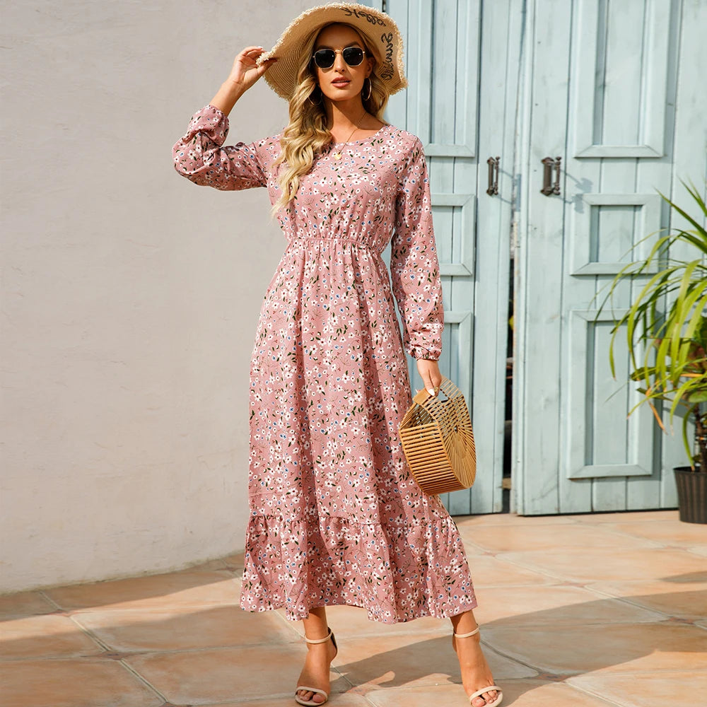Exclusive Customization Sping Bohemian Women Maxi Casual Long Sleeve High Waist Chiffon Midi Dresses
