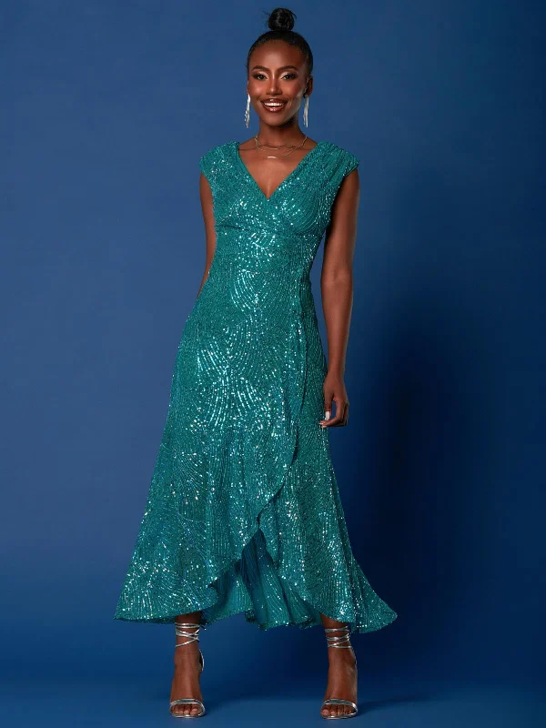 Cozy Sweaters Sequin High Low Hem Maxi Dress, Teal Multi