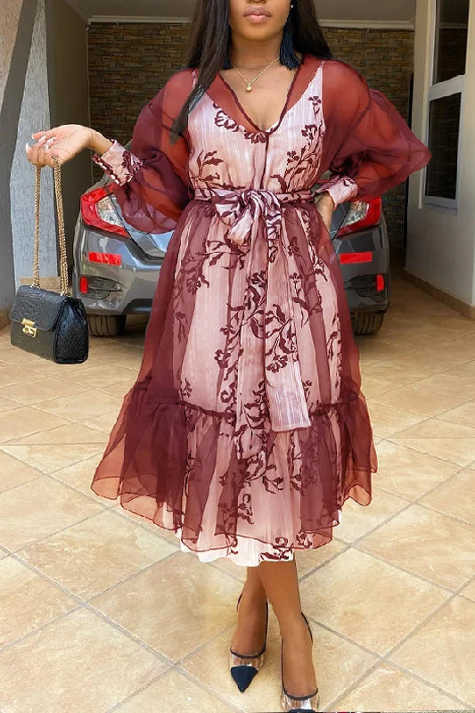 Comfy Pants Chic Floral Print Dress & Mesh Smock Dress Set