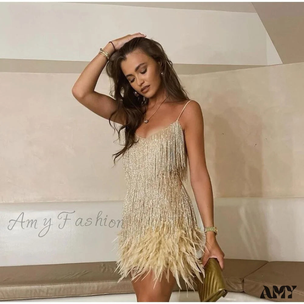 Relaxed Fit Amy Fashion - Feather Spaghetti Strap Sexy Stitching Mini Dress