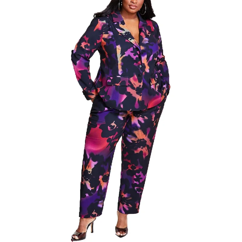 Relaxed Fit Nina Parker Womens Plus Printed  One-Button Blazer