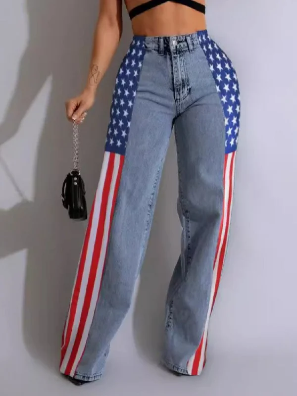 Comfortable Looks Stars And Stripes Trim Denim Wide Leg Jeans
