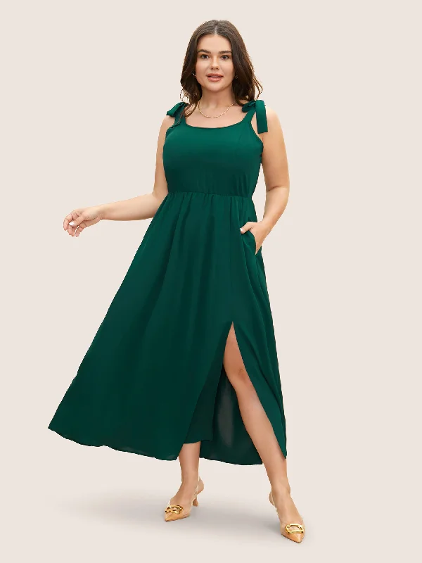 Casual Elegance Solid Tie Knot Slit Hem Dress