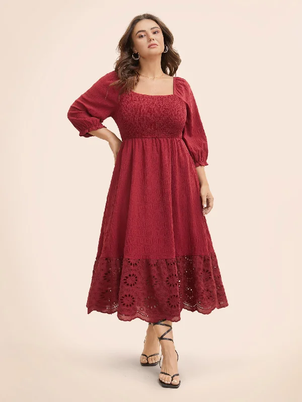 Breezy Style Square Neck Broderie Anglaise Patchwork Shirred Dress