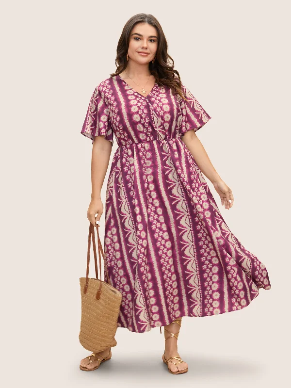 Versatile Wear Floral Tie Dye Overlap Collar Ruffle Sleeve Dress
