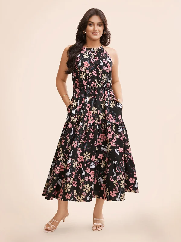Urban Comfort Floral Halter Neck Ruffle Hem Dress