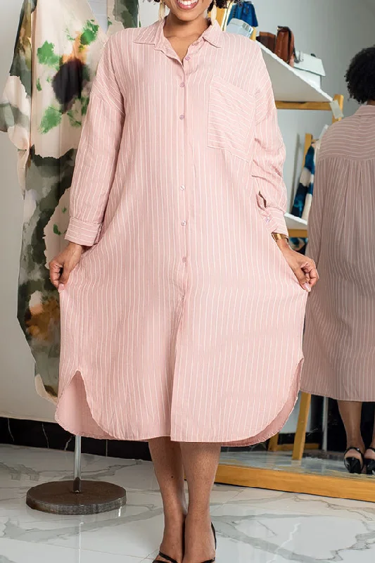 Cozy Shirts Vintage Patched Pocket Striped Loose Dress