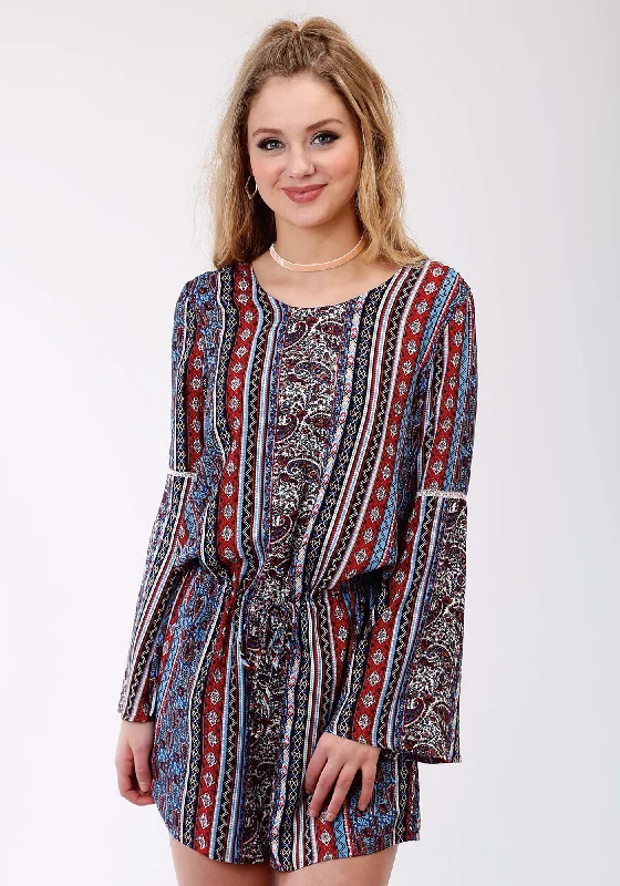 All-Day Wear Roper Womens Blue Rayon/Nylon Paisley Stripe L/S Romper