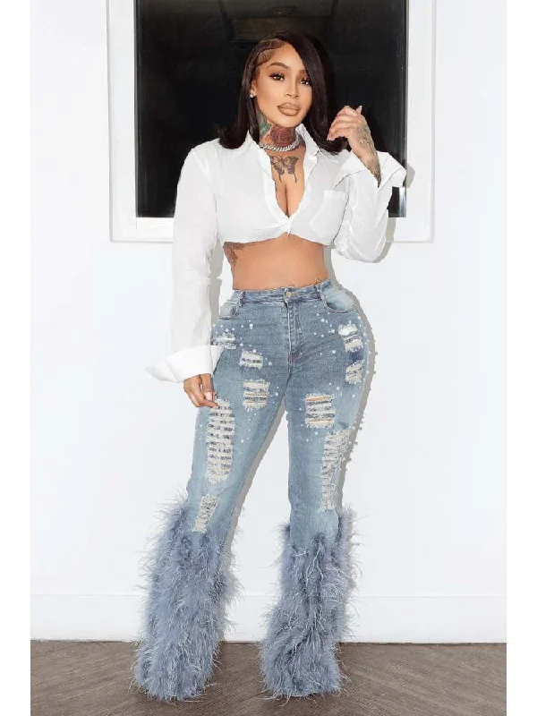 Effortless Comfort Wear Out Feather Faux Pearl Bodycon Plus Size Jeans