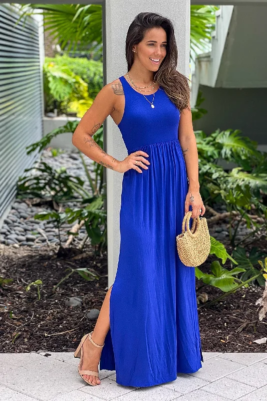 Layered Comfort Royal Blue Racer Back Maxi Dress With Side Slit
