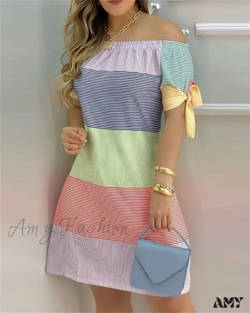 Elegant Comfort Amy Fashion - Off Shoulder Sexy Short Sleeve Bow Tie Striped Floral Print Mini Dress