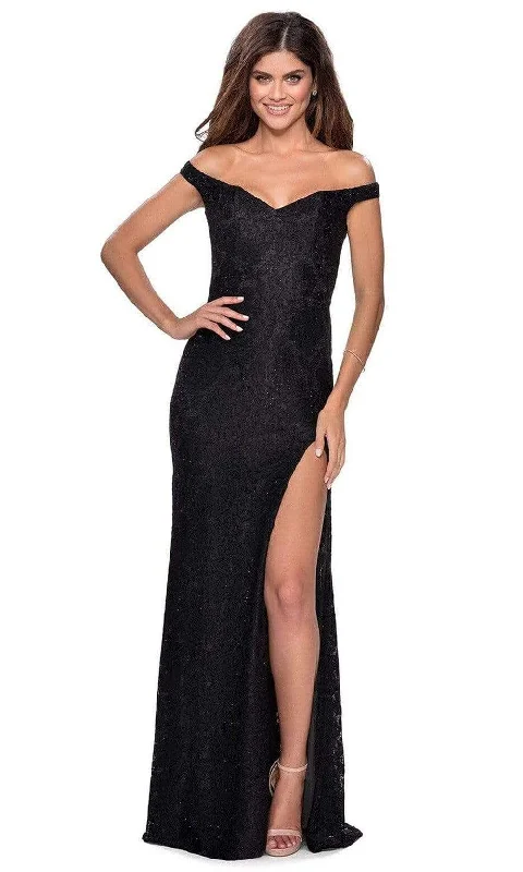 Sports Style La Femme - 28301 Stretch Lace Off-Shoulder Sheath Dress With Slit