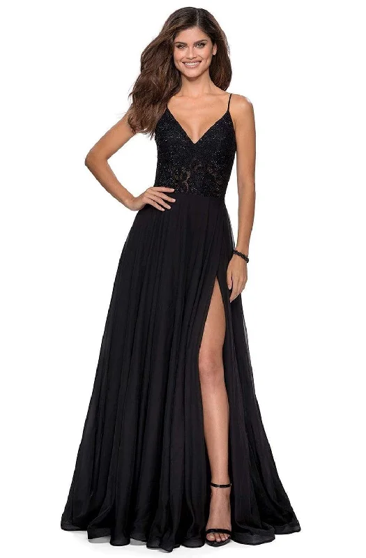 Cozy Look La Femme - 28664 Sequined Lace Chiffon Simple Prom High Slit Dress