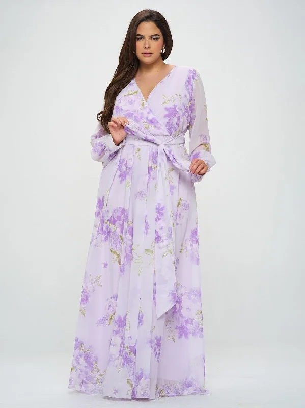 Cozy Vibes Abigail Plus Size Chiffon Maxi Dress in Lilac Floral